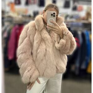 Blush Pink Real Fox Fur Jacket Coat L Hook Closure Luxury Glam Winter Chic